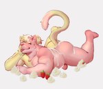 anthro bodily_fluids butt cum cum_on_back cum_on_butt feet fluffy_ears genital_fluids genitals hair humanoid_genitalia humanoid_penis long_tail lying male muscular muscular_anthro muscular_male narrowed_eyes pecs penis pink_body ponytail simple_background solo tail tongue tongue_out yellow_body snaftfc koe felid feline mammal hi_res