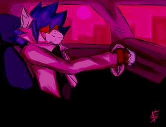 anthro blue_hair car clothed clothing detailed_background driving eyewear fur glasses hair inside_car inside_vehicle jacket landscape male neon noir scar solo synthwave topwear vehicle white_body white_fur shotgun_foster canid canine canis mammal wolf absurd_res digital_media_(artwork) hi_res pink_theme signature