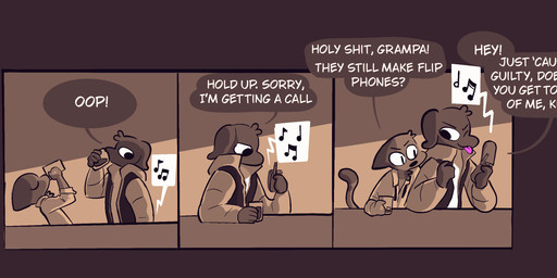 alcohol anthro bar beverage cellphone dialogue drinking duo electronics flip_phone male phone sitting speech_bubble text vanilla_candy amelia_is_calling canid canine canis domestic_cat domestic_dog felid feline felis mammal comic english_text hi_res restricted_palette