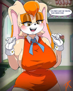 anthro big_breasts biped blush breasts clothed clothed_anthro clothed_female clothing detailed_background dialogue dipstick_ears dress ear_markings eyelashes female female_anthro floppy_ears gloves handwear huge_breasts lop_ears markings mature_anthro mature_female multicolored_ears nipple_outline open_mouth orange_clothing outside pupils smile solo speech_bubble text thick_thighs white_clothing white_gloves white_handwear wide_hips dalley-the-alpha sega sonic_the_hedgehog_(series) cream_the_rabbit vanilla_the_rabbit lagomorph leporid mammal rabbit english_text hi_res