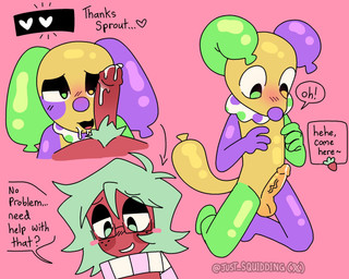 anthro bodily_fluids cum cum_on_penis duo duo_focus duo_in_panel feral food fruit genital_fluids genitals group male male/male penis plant sex speech_bubble text just_squidding blushcrunch_studio dandy's_world roblox looey_(dandy's_world) sprout_(dandy's_world) elemental_creature flora_fauna food_creature living_fruit english_text hi_res