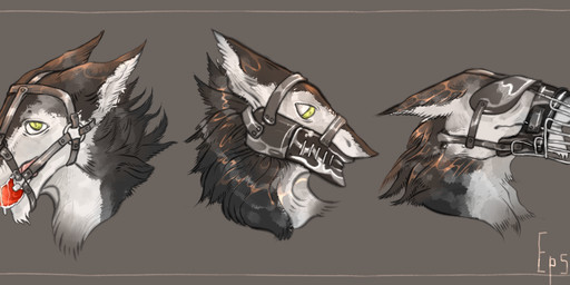 anthro bdsm blindfold hood latex male muzzle_(object) muzzled petplay roleplay slave snout solo kolkolukija sergal hi_res