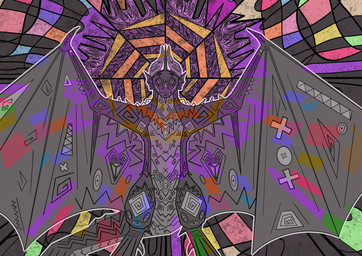 2_horns abstract_art abstract_background ambiguous_gender arm_markings biped bipedal_feral chest_markings chin_spikes claws clenched_teeth facial_horn facial_spikes feet feral frill_(anatomy) front_view furrowed_eyebrows grey_wings horn horn_markings leg_markings markings membrane_(anatomy) membranous_frill membranous_wings nose_horn outline purple_body purple_eyes solo spikes spikes_(anatomy) spiral spiral_pupils spread_wings standing symbolism tail teeth wavy_mouth white_outline wing_claws wing_markings winged_arms wings worried fervent-scales european_mythology mythology wyrmere_(fervent-scales) dragon mythological_creature mythological_scalie scalie western_dragon wyvern 2024 colorful_theme hi_res male_(lore)