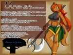 anthro axe belt bottomwear clothing double_bitted_axe female fingerless_gloves gloves greataxe hair handwear melee_weapon midriff orange_hair skirt solo tail text weapon young shio_inu forest_of_pixiv ema_(shio_inu) canid canine canis domestic_dog mammal 2009 4:3 character_name digital_media_(artwork) japanese_text model_sheet partially_translated translation_request