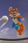 3_toes anthro ball barefoot blue_clothing blue_swimming_trunks blue_swimwear cape clothing feet male paws plantigrade solo sport swimming_trunks swimwear toes volleyball volleyball_(ball) sagadreams lucky's_tale_(series) playful_corp. lucky_swiftail canid canine fox mammal hi_res