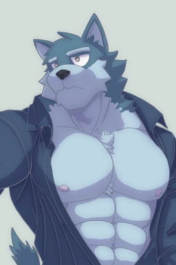 abs adam's_apple anthro asian_clothing black_nose clothing east_asian_clothing fur japanese_clothing kimono kimono_only male mouth_closed multicolored_body multicolored_fur muscular muscular_male nipples pec_hair pecs pink_nipples pose serious_face solo two_tone_body two_tone_fur wo anonymous_character canid canine canis mammal wolf hi_res