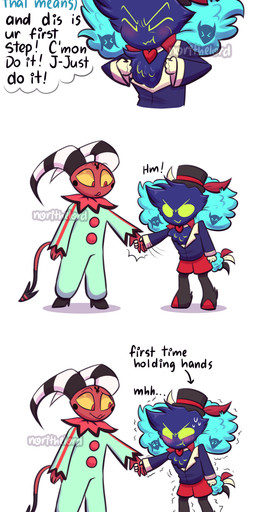 4_panel_comic >_< anthro blue_body blue_clothing blue_feathers blue_shirt blue_topwear blush blush_lines bodily_fluids bottomwear clothing clown_costume dialogue embarrassed empty_eyes eyes_closed feather_hair feathers fist green_eyes green_onesie hand_holding hands_over_eyes hat headgear headwear horn male male/male nervous onesie pseudo_hair red_body red_bottomwear red_clothing red_eyes red_shorts red_skin shaking shirt shorts simple_background small_hands smile spade_tail steaming striped_horn stripes sweat tail tail_feathers text topwear white_background yellow_sclera norithelord hellaverse helluva_boss asmodeus_(helluva_boss) fizzarolli_(helluva_boss) avian avian_demon demon humanoid imp 2022 absurd_res comic english_text hi_res
