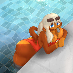 anthro bent_over big_breasts big_butt blue_eyes bodily_fluids breasts brown_body brown_fur bubble_butt butt clothing crossed_arms female fur hair high-angle_view huge_butt leaning leaning_forward lifeguard lifeguard_swimsuit long_hair looking_at_viewer one-piece_swimsuit outside partially_submerged poolside rear_focus red_clothing red_swimwear solo sweat sweaty_butt swimming_pool swimwear tail thick_thighs water wedgie wet wet_hair whistle_(object) whistle_around_neck whistle_in_mouth white_hair wide_hips gazaster bloons_tower_defense ninja_kiwi admiral_brickell haplorhine mammal monkey primate 1:1 2025 digital_media_(artwork) hi_res signature