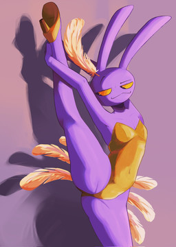 anthro clothed clothing crossdressing footwear gold_leotard high_heels leotard male purple_body shoes simple_background solo catoculiao glitch_productions the_amazing_digital_circus jax_(tadc) lagomorph leporid mammal rabbit hi_res