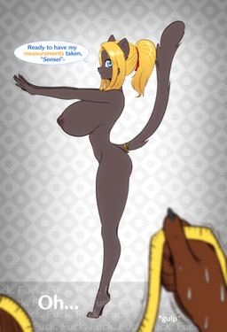 accessory anthro areola big_breasts blonde_hair blue_eyes breasts dialogue eyebrows eyelashes feet female furgonomics grey_body hair huge_breasts jewelry nipples nude ponytail ring smile solo speech_bubble tail tail_accessory tail_jewelry tail_ring scorpdk selene_(scorpdk) domestic_cat felid feline felis mammal 2026 hi_res