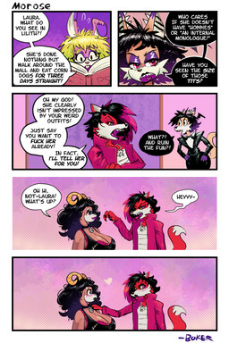 anthro big_breasts black_hair black_speech_bubble blonde_hair blush book bow_tie breasts brown_body brown_fur cheek_tuft cleavage clothed clothing curly_hair dialogue ear_piercing eyeshadow facial_tuft female female/female fur group hair head_wings highlights_(coloring) horn huge_breasts industrial_piercing industrial_piercing_ladder long_hair makeup multicolored_hair orange_body orange_fur piercing pink_body pink_fur pink_highlights profanity purple_body purple_eyeshadow purple_fur purple_hair purple_sclera red_body red_eyes red_fur red_trenchcoat sharp_teeth surgical_suture teeth text tuft two_tone_hair under-rim_eyewear unusual_wing_placement white_body white_fur wings yellow_eyes boker klaus_nomi laura_derose lilith_(boker) mary_(boker) val_(boker) bat-eared_fox bovid canid canine canis caprine fox goat lagomorph leporid mammal rabbit red_wolf wolf 2:3 artist_name comic english_text signature