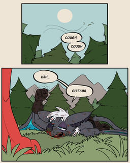 anthro black_body black_fur blood bodily_fluids bottomwear bruised bruised_eye clothing dialogue duo forest forest_background fur gloves handwear male nature nature_background pants plant skid_marks speech_bubble tail text tree 60percentscalie dovak vauruk bat demon mammal 4:5 comic english_text hi_res