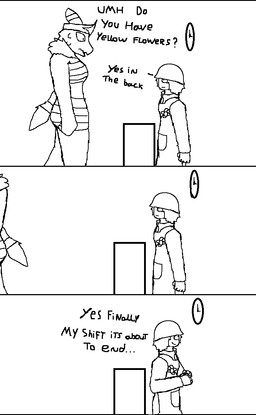 anthro black_bars bodily_fluids calm clock dialogue duo female male male/female nervous simple_background size_difference standing sweat text working xerg-7 nintendo pokemon eden_(xerg-7) kata_(xerg-7) eeveelution generation_2_pokemon human mammal pokemon_(species) umbreon black_and_white comic english_text letterbox monochrome