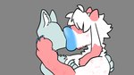 ambiguous_gender anthro blue_body blue_fur blue_lips claws donut_mouth duo eyeless face_in_mouth face_suck finger_claws fur grey_background hand_on_back hand_on_cheek hand_on_chest horn hyper hyper_lips kiss_on_lips kissing lips male male/ambiguous pink_body pink_fur simple_background thick_lips white_body white_fur midnite_fsnax rox_(midnite_fsnax) bovid caprine goat hybrid mammal 16:9 hi_res widescreen trans_(lore) trans_man_(lore)