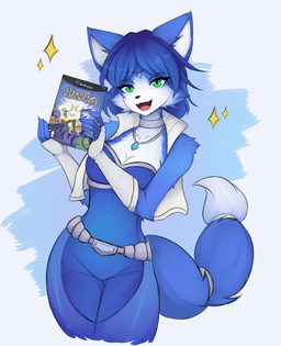anthro armwear blue_arms blue_body blue_clothing blue_ears blue_eyebrows blue_fingers blue_fur blue_hair blue_tail breasts cleavage clothed clothing eyebrows female fur green_eyes hair open_mouth open_smile smile solo tail teeth white_body white_breasts white_fur skyversa nintendo star_fox fox_mccloud krystal_(star_fox) canid canine fox mammal absurd_res hi_res