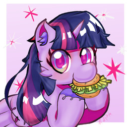 burger cheek_tuft facial_tuft female feral fetlocks food hair hair_bun hooves horn inner_ear_fluff lettuce looking_at_viewer plant simple_background solo sparkles tuft vegetable wings kelpy friendship_is_magic hasbro my_little_pony mythology twilight_sparkle_(mlp) equid equine mammal mythological_creature mythological_equine winged_unicorn 1:1