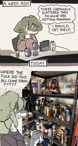 ambiguous_anthro ambiguous_gender anthro bodily_fluids chemicals dialogue grey_body hair open_mouth paint profanity shelf solo spray_bottle spray_can spray_paint sweat sweatdrop tablet_computer text white_body long_and_soft mythology wd-40 dragon mythological_creature mythological_scalie scalie 2025 2koma absurd_res comic digital_media_(artwork) english_text hi_res mixed_media photography_(artwork)