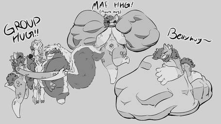 anthro belly belly_on_ground big_belly big_hands cheek_bulge countershade_torso countershading eye_through_hair eyes_closed female female_pred fluffy fluffy_tail group hair hand_in_mouth hug huge_belly huge_cheeks lying male markings multi_ear multiple_prey on_front one_eye_obstructed one_leg_up poofy_hair raised_leg spots squeezing stretched_cheeks stretchy tail translucent translucent_hair vore wide_hips nommsalotl domestic_cat felid feline felis giraffe giraffid haplorhine hybrid hyena macaque mammal mephitid monkey old_world_monkey primate skunk 16:9 4k absurd_res hi_res monochrome widescreen