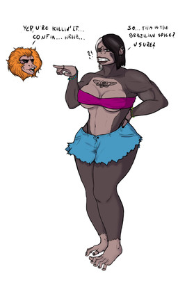 anthro bandeau barefoot biceps big_breasts black_body black_fur black_hair black_lips black_nails bottomwear bracelet breasts chest_tattoo clothing colored_nails confusion denim denim_bottomwear denim_clothing denim_shorts dialogue digit_ring duo ear_piercing ear_ring eyebrow_piercing eyebrow_ring eyeshadow eyewear facial_piercing feet female finger_ring fur green_eyes hair hand_on_hip highlights_(coloring) jewelry lips makeup male mane muscular muscular_female nails navel orange_hair piercing prehensile_feet question_mark ring ring_piercing short_hair shorts simple_background sunglasses tattoo text thick_lips thick_thighs thong thong_straps toe_ring toes topwear underwear white_background white_highlights denndart leo_(denndart) trisha_(redustheriotact) ape callitrichid golden_lion_tamarin gorilla haplorhine lion_tamarin mammal monkey new_world_monkey primate 2024 english_text hi_res
