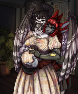 4_ears anthro back_wings beak black_hair clothing detailed_background dress duo eyewear female female/female glasses hair hand_on_belly hug hugging_another hugging_from_behind multi_ear ponytail pregnant pregnant_anthro pregnant_female prosthetic prosthetic_arm prosthetic_limb wearing_glasses wings oonakuni freyja_(jesolitheavali) jesoli avali avian bird horned_owl owl snowy_owl true_owl absurd_res hi_res trans_(lore) trans_woman_(lore)