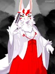 4_fingers anthro asian_clothing biped breasts clothed clothed_anthro clothed_female clothing east_asian_clothing female fingers front_view fully_clothed fully_clothed_anthro fully_clothed_female fur green_eyes holding_object horn japanese_clothing kimono looking_at_viewer simple_background smile solo standing tail topwear white_body white_fur white_tail coel_(artist) canid canine fox mammal 2025 digital_media_(artwork) hi_res