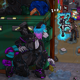 anthro big_breasts big_butt bodysuit bone breasts butt camera cleavage clothed clothing crouching curvy_figure cyberware detailed_background dumpster electricity electrocution female glowing glowing_eyes gun hacking handgun latex latex_clothing latex_skinsuit machete male melee_weapon piercing pistol prosthetic raining ranged_weapon rifle skeleton skinsuit sneaking sniper_rifle sound_effects tattoo tight_clothing vending_machine weapon wet wet_clothing white_body zipper_down mrtoastsandwich cd_projekt_red cyberpunk_2077 c_(chandrastone) canid canine canis felid mammal murid murine pantherine rat rodent tiger wolf 1:1 hi_res