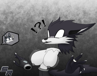 anthro big_breasts black_background blush bottomwear breast_growth breasts claws clothing duo exposed_breasts female fingerless_gloves floating_hands floating_head floating_torso fur gloves growth handwear leena_the_wolf limbless male nipples no_pupils pants ring simple_background surprised tail ryoosakuling shino_the_wolf canid canine canis mammal wolf 2021 black_and_white digital_drawing_(artwork) digital_media_(artwork) hi_res monochrome