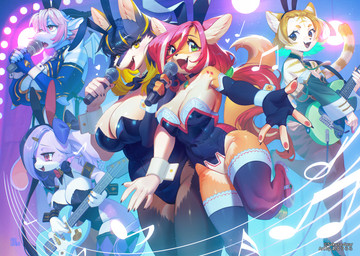 4_fingers 5_fingers accessory anthro arm_grab armwear bass_guitar big_breasts blonde_highlights blue_body bow_ribbon breast_squish breasts brown_eyes bunny_costume choker claws cleavage cleavage_cutout clothed clothing costume cute_fangs cutout detached_sleeves diamond_(marking) electronics eyebrow_through_hair eyebrows fake_ears fake_rabbit_ears fangs female finger_claws fingerless_gloves fingers fur gloves green_eyes green_highlights grey_body grey_fur group guitar hair hair_accessory hair_bow hair_ribbon hairclip handwear heart_symbol highlights_(coloring) huge_breasts inner_ear_fluff jewelry kemono legwear leotard markings membrane_(anatomy) membranous_wings microphone multicolored_body multicolored_fur multicolored_hair musical_instrument musical_note musical_symbol necklace non-mammal_breasts on_one_leg open_mouth open_smile orange_body orange_fur orange_hair pawpads pink_eyes pink_hair pink_pawpads plucked_string_instrument purple_body purple_eyes purple_fur purple_hair red_hair ribbons shirt_cuffs singing smile squish standing string_instrument striped_body striped_fur striped_markings striped_tail stripes symbol tail tail_markings teeth thigh_highs translucent translucent_hair tuft two_tone_body two_tone_fur two_tone_hair white_highlights wings yellow_eyes aruurara bunnimals mythology sakura-gear lupinus_(bunnimals) marie_gold_(bunnimals) roza_(bunnimals) sineria_(bunnimals) xiaoju_(bunnimals) canid canine canis dragon felid fox lagomorph leporid mammal mythological_creature mythological_scalie pantherine rabbit scalie tiger wolf official_art