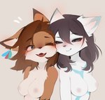 anthro blue_eyes blush breasts brown_hair duo female female/female female_anthro fur hair nipples nude orange_body orange_fur simple_background smile white_body white_fur magnaluna lyra_(lyra~floof) samantha_(syronck01) arctic_fox canid canine fox mammal red_fox true_fox 2024 digital_media_(artwork) hi_res