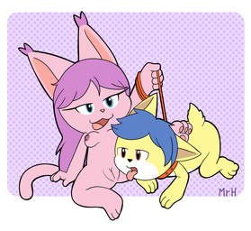 all_fours anthro big_breasts blue_eyes blue_hair breasts cat_tail collar dominant dominant_female duo female fluffy fluffy_tail fur genitals hair leash leash_pull leashed_collar male male/female nude nude_anthro nude_female nude_male open_mouth pawpads paws pink_body pink_fur spread_legs spreading tail tongue tongue_out vulva yellow_body yellow_eyes yellow_fur young young_anthro mr_harinezumi kitty_redbright rhan_midfist felid feline mammal absurd_res hi_res