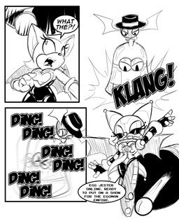 ambiguous_gender anthro armwear breasts clothing corruption dialogue duo elbow_gloves female gloves handwear jester machine mind_control robotization speech_bubble text wings chaoscroc eggman_empire eggman_logo sega sonic_the_hedgehog_(series) rouge_the_bat badnik bat mammal robot 2026 black_and_white comic english_text hi_res monochrome sketch