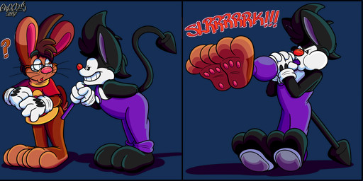 2_toes 3_toes 4_fingers anthro big_feet big_grin big_pawpads cartoon_gloves cartoon_physics cheek_bulge clothing drinking_straw drinking_straw_in_mouth duo feet fingers male male/male open_mouth overalls pawpads paws red_tongue shirt size_difference slapstick slapstick_humor smug smug_expression smug_eyes smug_face smug_grin soft_vore soles tail toes tongue toony toony_moment topwear vore whiskers marquis2007 herman_(marquis2007) roderick_(tamerkoh) imp lagomorph leporid mammal rabbit absurd_res alpha_channel hi_res multiple_scenes