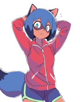 anthro black_nose blue_body blue_eyes blue_fur blue_hair bottomwear brown_body brown_fur clothed clothing dipstick_tail dolphin_shorts female fluffy fluffy_tail fur hair hands_behind_head jacket markings shorts simple_background solo tail tail_markings topwear white_background h0y0n brand_new_animal studio_trigger michiru_kagemori canid canine mammal raccoon_dog tanuki 2020 portrait three-quarter_portrait