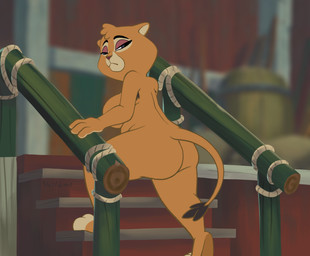 anthro armpit_hair big_breasts big_butt body_hair breasts butt eyebrows eyelashes female fur head_tuft looking_back narrowed_eyes nude orange_body orange_fur pink_nose slightly_chubby style_emulation tail tail_tuft thick_thighs tuft half_dime el_arca kairel felid lion mammal pantherine absurd_res draw_over hi_res