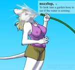 anthro blonde_hair blue_background bottomwear breasts clothing definition female fur hair hose nipple_outline nipples outside shirt simple_background sky solo text topwear water wet wet_bottomwear wet_clothing wet_shirt wet_topwear white_body white_fur cybercorn_entropic sniglets cynthia_boggs mammal mouse murid murine rodent 2020 english_text