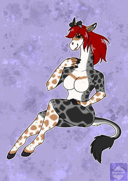 alternate_species anthro breasts female hair hooves horn long_hair long_neck red_hair solo spots tail tail_tuft tuft arwenscoots conditional_dnp arwen giraffe giraffid mammal hi_res