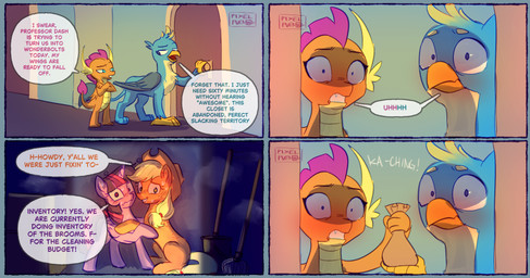bag bangs blue_border blush blush_lines bodily_fluids border bucket caught_in_the_act cleaning_tool container dialogue eyelashes female feral group horn humor janitor_closet long_eyelashes male mop sweat tear_trough text wings pixelpub friendship_is_magic hasbro my_little_pony mythology applejack_(mlp) gallus_(mlp) smolder_(mlp) twilight_sparkle_(mlp) avian dragon earth_pony equid equine gryphon horse mammal mythological_avian mythological_creature mythological_equine mythological_scalie pony scalie winged_unicorn comic english_text hi_res