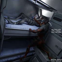 bed bunk_bed dialogue duo erection female furniture genitals looking_at_porn lying male male/female masturbation nude on_back penis pornography text scoota bioware electronic_arts mass_effect alien turian 1:1 3d_(artwork) digital_media_(artwork) english_text hi_res