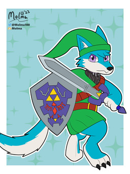 anthro black_claws black_nose blue_body blue_fur claws clothing cosplay costume fur holding_melee_weapon holding_object holding_shield holding_sword holding_weapon inner_ear_fluff male melee_weapon purple_eyes shield solo sword tuft weapon white_body white_fur white_inner_ear_fluff syngie nintendo the_legend_of_zelda link canid canine fox mammal 3:4 hi_res