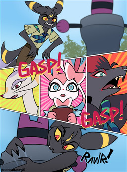 anthro biped clothed clothing facial_piercing harmony_scarf male nose_piercing nose_ring open_mouth piercing ring_piercing tail odeko-yma nintendo pokemon pokemon_mystery_dungeon spike_chunsoft lucky_(odeko-yma) nova_(odeko-yma) pix_(odeko-yma) eeveelution generation_2_pokemon generation_5_pokemon generation_6_pokemon mienshao pokemon_(species) sylveon umbreon zoroark absurd_res comic hi_res