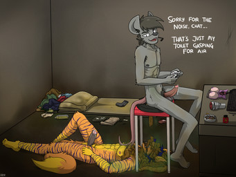 anthro bodily_fluids dirty duo eating_feces feces feces_in_mouth feces_pile gag gaming genital_fluids living_toilet male male/male musk pooping precum ring_gag text toilet_slave arrwulf arrdeer loof canid canine mammal murid murine rat rodent 4:3 english_text