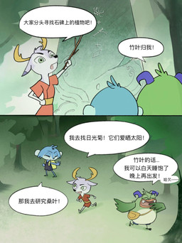 anthro antlers backpack bag bird's-eye_view blue_body blue_fur clothing feet front_view fur gesture grass green_body green_eyes green_fur group hand_gesture high-angle_view holding_object hooves horn lips male plant pointing pointing_at_object purple_body purple_clothing purple_fur rear_view red_clothing red_robe robe rock running stick tail talons text thick_lips toes tree trio wings unknown_artist asian_mythology chinese_mythology east_asian_mythology mythology valt_the_wonder_deer cobalt_(valt_the_wonder_deer) kem_(valt_the_wonder_deer) valt deer haplorhine mammal monkey mythological_creature primate taotie 2025 chinese_description chinese_text comic hi_res official_art translated translated_description