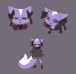 anthro biped blue_eyes blush bottomless bottomless_anthro bottomless_female clothed clothing electronics female front_view frown fur grey_background headphones headphones_around_neck long_tail looking_aside looking_at_viewer multicolored_body multicolored_fur purple_body purple_fur simple_background smile solo standing tail two_tone_body two_tone_fur white_body white_fur alexsavenije aggretsuko sanrio shikabane_(aggretsuko) mammal mephitid skunk bust_portrait colored full-length_portrait hi_res multiple_images portrait shaded
