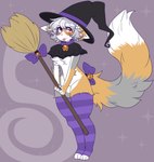 anthro black_clothing black_hat black_headwear blep broom cleaning_tool clothing featureless_crotch fur grey_body grey_fur hair hat headgear headwear holding_broom holding_cleaning_tool holding_object legwear looking_at_viewer mostly_nude purple_clothing purple_legwear purple_thigh_highs red_eyes solo tail thigh_highs tongue tongue_out white_body white_fur white_hair witch_hat yellow_body yellow_fur marbelle sapph arcanis_(hahaluckyme) calico_cat domestic_cat felid feline felis mammal absurd_res hi_res