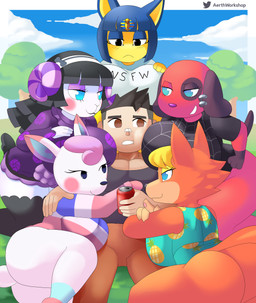 anthro big_breasts big_butt bottomless breasts butt clothed clothing female food_print group harem human_on_anthro interspecies male male/female outside aerth animal_crossing nintendo ankha_(animal_crossing) audie_(animal_crossing) cherry_(animal_crossing) diana_(animal_crossing) muffy_(animal_crossing) bovid canid canine canis caprine deer domestic_cat domestic_dog felid feline felis human mammal sheep wolf absurd_res hi_res