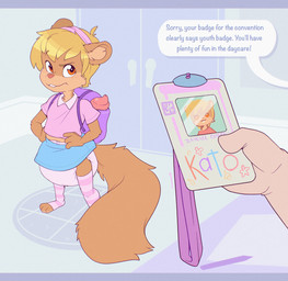 anthro backpack blonde_hair bottomwear buckteeth clean_diaper clothing diaper duo female fluffy fluffy_tail hair holding_object inner_ear_fluff legwear offscreen_character orange_eyes pink_nose shirt short_hair skirt stockings tail teeth text topwear tuft young bubblepuppers mammal rodent sciurid tree_squirrel 2022 digital_media_(artwork) english_text hi_res unavailable_at_source