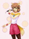 bottomwear bow_(feature) bow_tie brown_hair clothed clothing electronics fangs female hair legwear microphone pantyhose pink_bottomwear pink_clothing pink_shorts shirt short_hair shorts simple_background solo tail teeth topwear whiskers white_clothing white_shirt white_topwear wristband unknown_artist yu_yu_hakusho koto_(yu_yu_hakusho) animal_humanoid canid canid_humanoid canine canine_humanoid fox_humanoid humanoid mammal mammal_humanoid