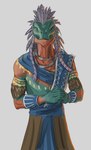 anthro clothed clothing feathers looking_at_viewer male multicolored_body scales simple_background smile solo white_background scuotivento microsoft the_elder_scrolls the_elder_scrolls_online xukas_(the_elder_scrolls_online) argonian reptile scalie digital_media_(artwork) hi_res