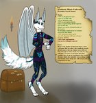 anthro clothing fantasy fluffy glistening glistening_eyes group horn information_box inspection latex latex_clothing latex_skinsuit male markings patterns reflection skinsuit smile stats_screen stripes symbiotic tail teeth_zipper tentacles text_box tight_clothing torch trio wings zipper skyslicer824 cearibel lafel animate_inanimate drekmurian living_clothing mimic symbiote hi_res shaded