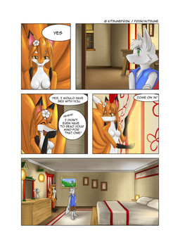 anthro bed bedroom breasts dialogue duo female furniture male male/female nude text young friskykitsune comic english_text hi_res